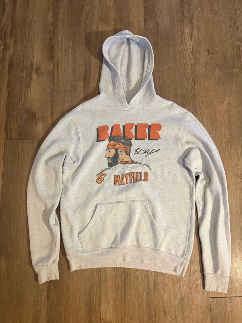 Baker Mayfield Graphic Hoodie - Light Gray with Orange Print. Cleveland Browns